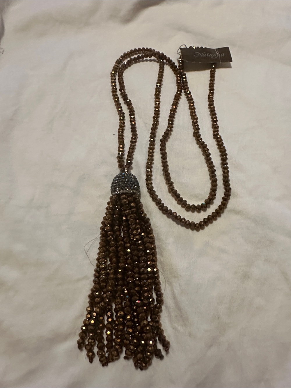 Crystal Tassel Necklace in Bronze -Soarkley by NATASHA. NEW e/Tag